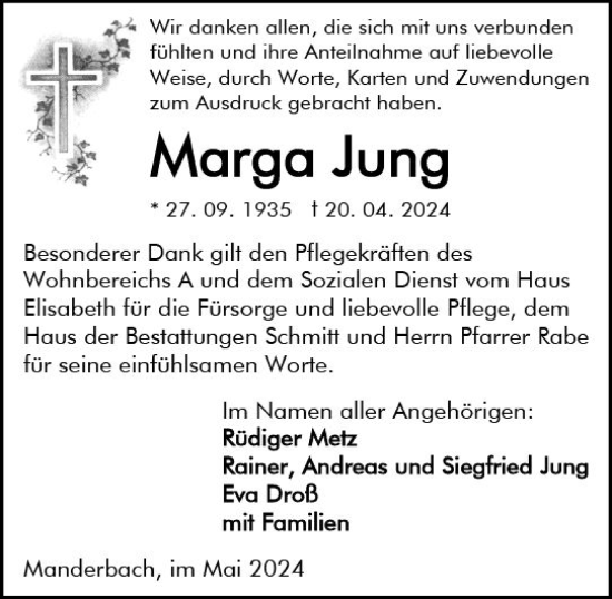 Traueranzeige von Marga Jung von Hinterländer Anzeiger
