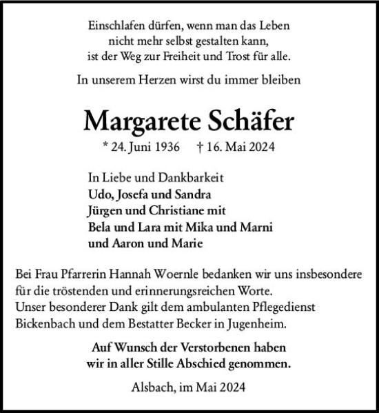 Traueranzeige von Margarete Schäfer von Darmstädter Echo