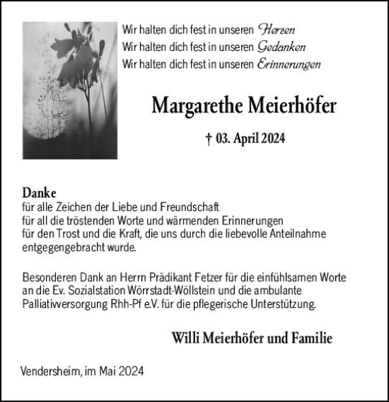 Traueranzeige von Margarethe Meierhöfer von Allgemeine Zeitung Alzey