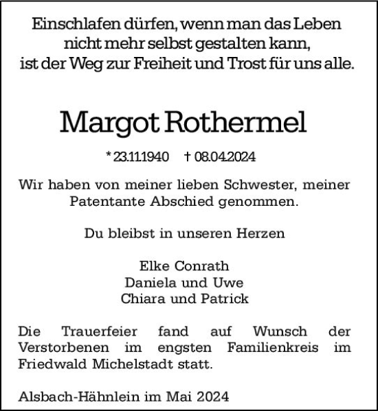 Traueranzeige von Margot Rothermel von Darmstädter Echo