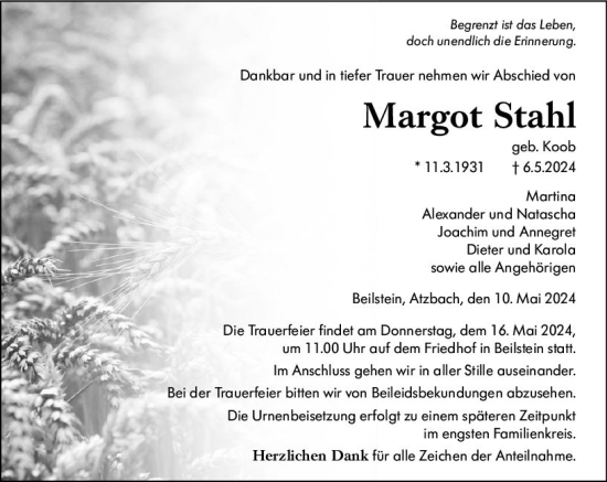 Traueranzeige von Margot Stahl von Dill Block