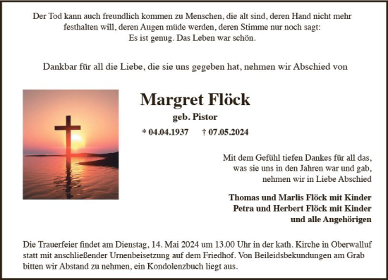 Traueranzeige von Margret Flöck von Wiesbadener Kurier