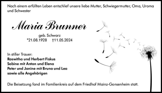 Traueranzeige von Maria Brunner von Allgemeine Zeitung Mainz