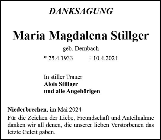 Traueranzeige von Maria Magdalena Stillger von Nassauische Neue Presse