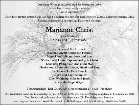 Traueranzeige von Marianne Christ von Allgemeine Zeitung Alzey