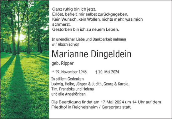 Traueranzeige von Marianne Dingeldein von Odenwälder Echo