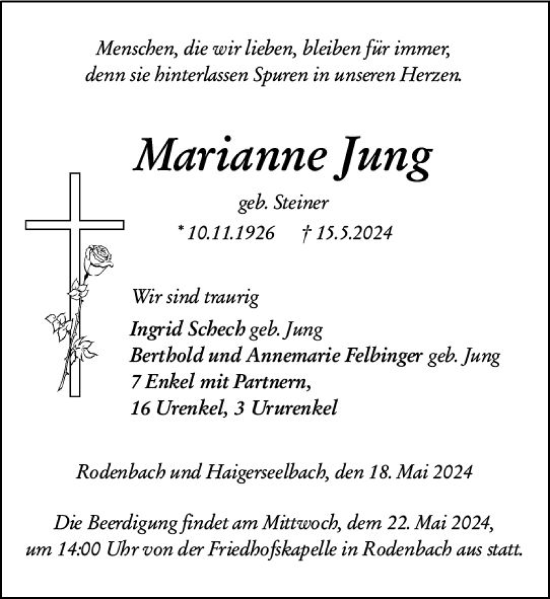 Traueranzeige von Marianne Jung von Dill Block