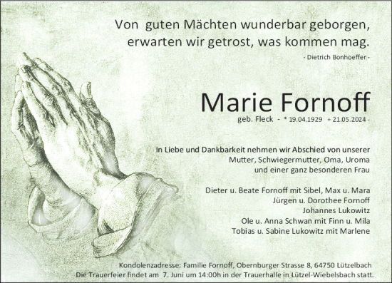 Traueranzeige von Marie Fornoff von Odenwälder Echo