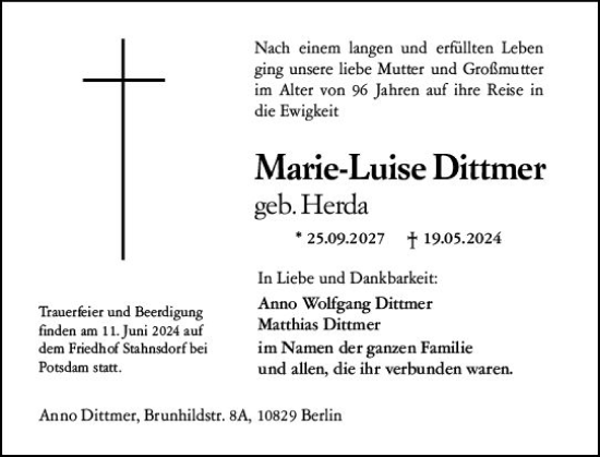 Traueranzeige von Marie-Luise Dittmer von Wiesbadener Kurier