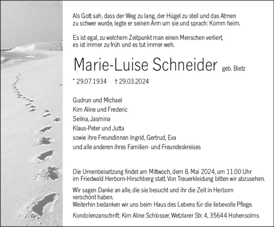 Traueranzeige von Marie-Luise Schneider von Dill Block