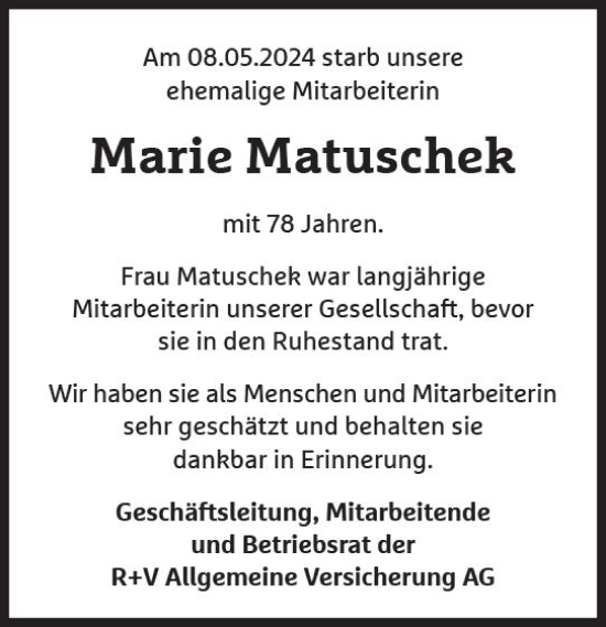 Traueranzeige von Marie Matuschek von Wiesbadener Kurier