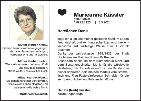 Traueranzeige von Marieanne Kässler von Hochheimer Zeitung