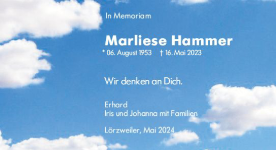 Traueranzeige von Marliese Hammer von Allgemeine Zeitung Mainz