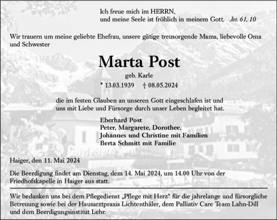 Traueranzeige von Marta Post von Dill Block