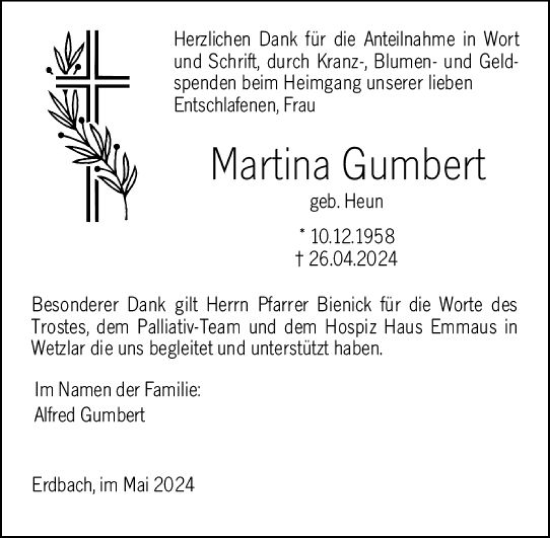 Traueranzeige von Martina Gumbert von Dill Block