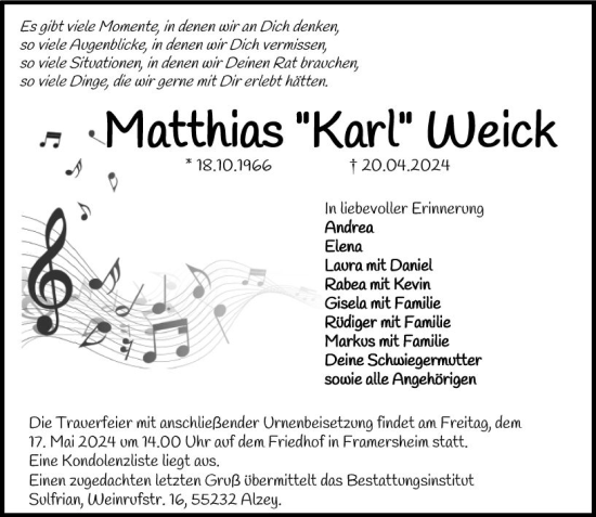 Traueranzeige von Matthias Weick von Allgemeine Zeitung Alzey