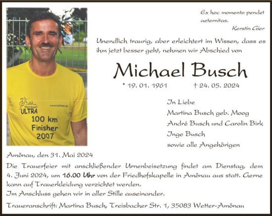 Traueranzeige von Michael Busch von Wetzlarer Neue Zeitung