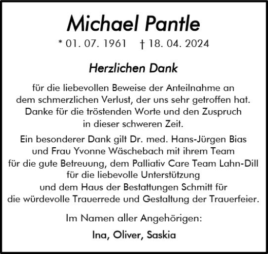 Traueranzeige von Michael Pantle von Dill Block