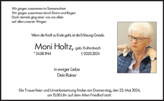 Traueranzeige von Moni Holtz von Hochheimer Zeitung