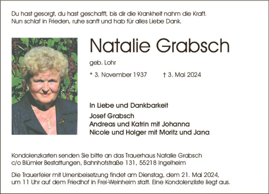 Traueranzeige von Natalie Grabsch von Allgemeine Zeitung Bingen/Ingelheim