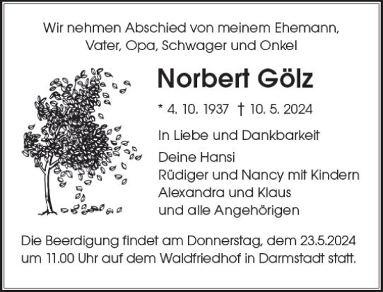 Traueranzeige von Norbert Gölz von Darmstädter Echo