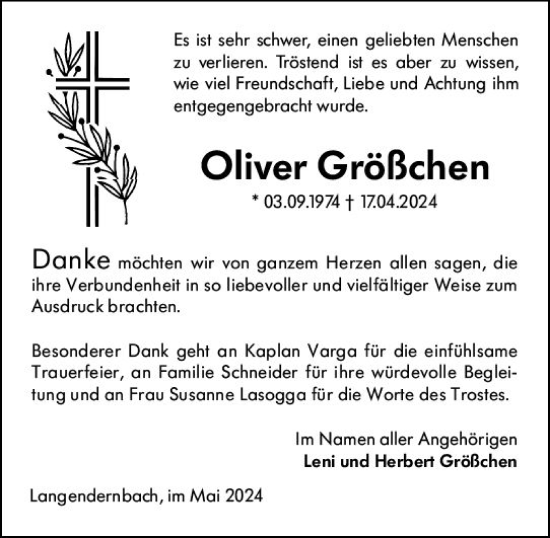Traueranzeige von Oliver Größchen von Nassauische Neue Presse
