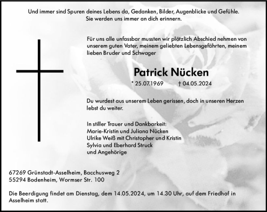 Traueranzeige von Patrick Nücken von Allgemeine Zeitung Mainz