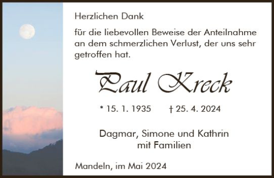 Traueranzeige von Paul Kreck von Dill Block