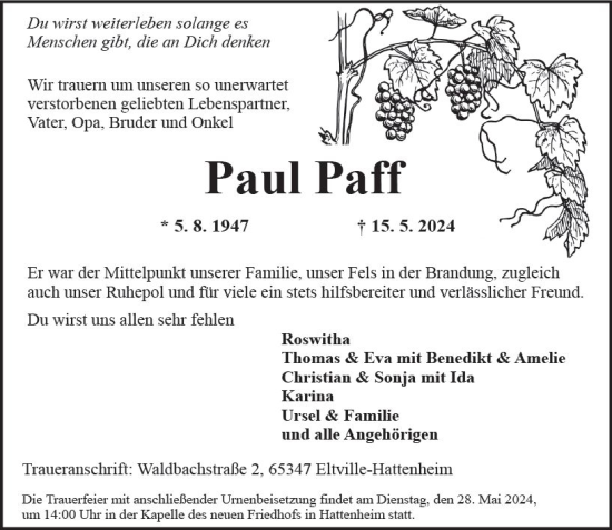 Traueranzeige von Paul Paff von Rheingau Kurier