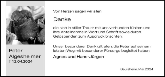 Traueranzeige von Peter Algesheimer von Allgemeine Zeitung Bingen/Ingelheim