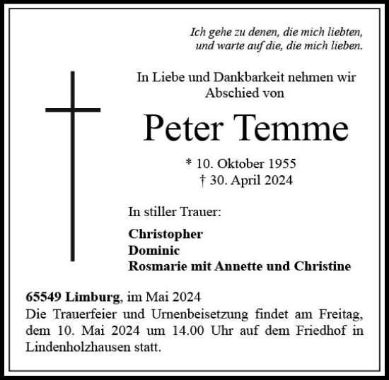 Traueranzeige von Peter Temme von Nassauische Neue Presse