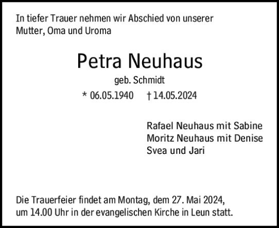 Traueranzeige von Petra Neuhaus von Wetzlarer Neue Zeitung
