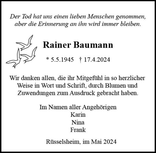 Traueranzeige von Rainer Baumann von Rüsselsheimer Echo