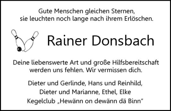 Traueranzeige von Rainer Donsbach von Hinterländer Anzeiger