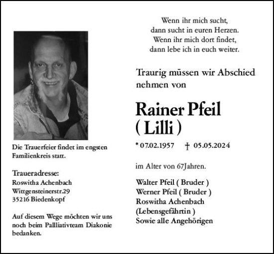 Traueranzeige von Rainer Pfeil von Hinterländer Anzeiger