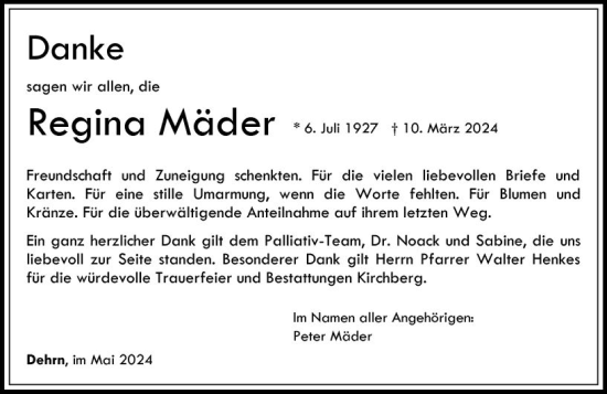 Traueranzeige von Regina Mäder von Nassauische Neue Presse