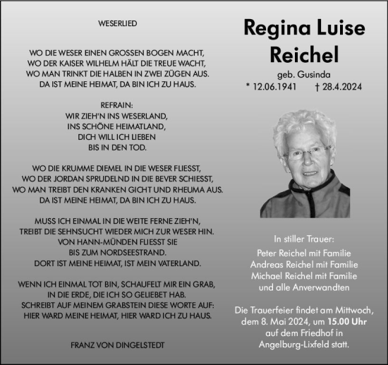 Traueranzeige von Regina Luise Reichel von Hinterländer Anzeiger