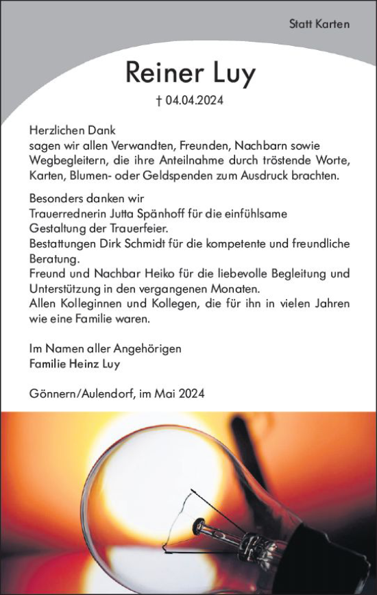 Traueranzeige von Reiner Luy von Hinterländer Anzeiger