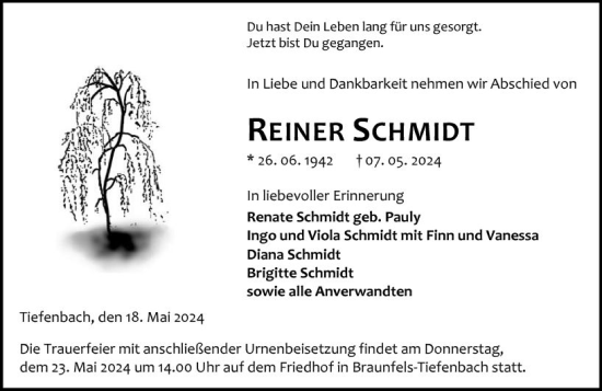 Traueranzeige von Reiner Schmidt von Wetzlarer Neue Zeitung