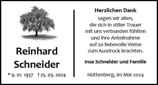 Traueranzeige von Reinhard Schneider von Wetzlarer Neue Zeitung
