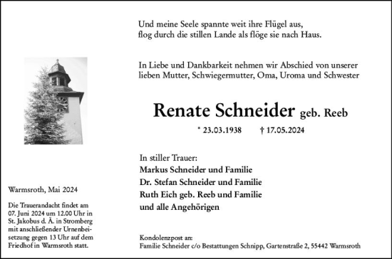 Traueranzeige von Renate Schneider von Allgemeine Zeitung Bad Kreuznach