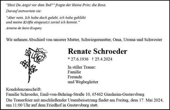 Traueranzeige von Renate Schroeder von Allgemeine Zeitung Alzey