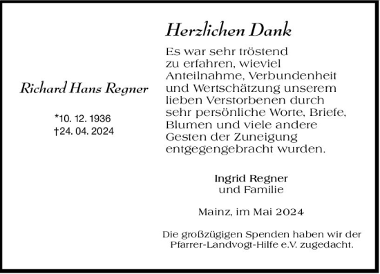 Traueranzeige von Richard Hans Regner von Allgemeine Zeitung Mainz