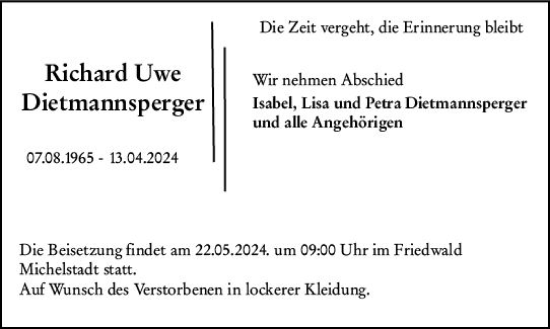 Traueranzeige von Richard Uwe Dietmannsperger von Darmstädter Echo