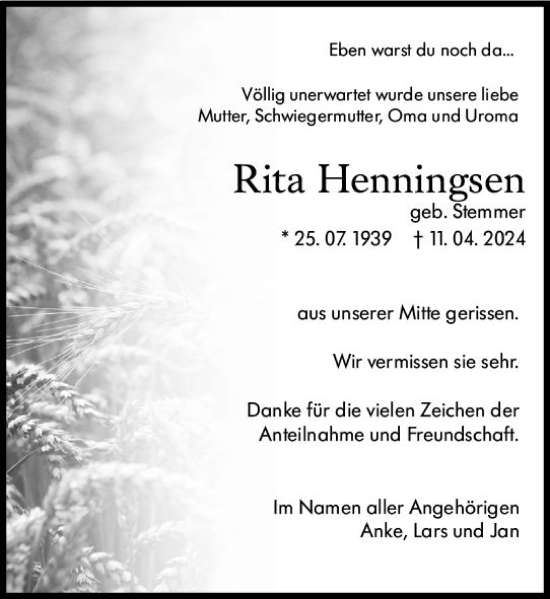 Traueranzeige von Rita Henningsen von Allgemeine Zeitung Alzey