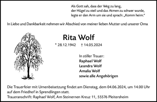 Traueranzeige von Rita Wolf von Allgemeine Zeitung Bingen/Ingelheim