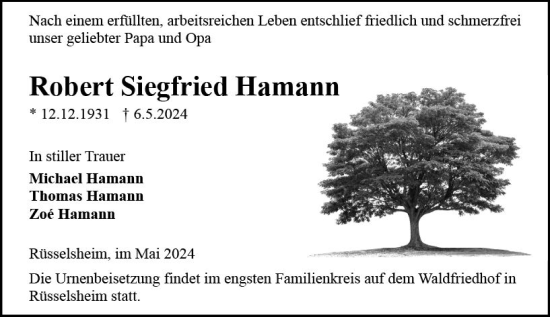 Traueranzeige von Robert Siegfried Hamann von Rüsselsheimer Echo