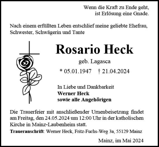 Traueranzeige von Rosario Heck von Allgemeine Zeitung Mainz