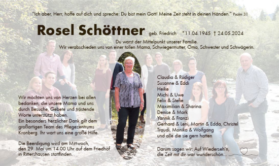 Traueranzeige von Rosel Schöttner von Dill Block