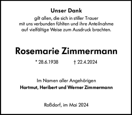 Traueranzeige von Rosemarie Zimmermann von Darmstädter Echo